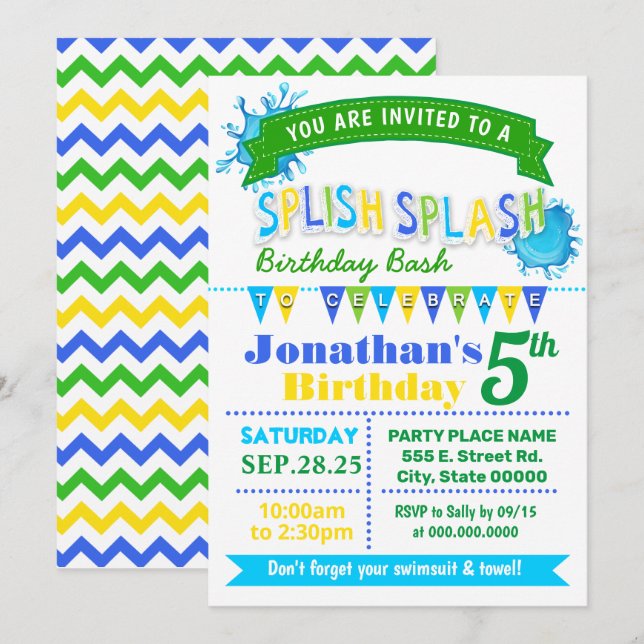 Invitation Fête verte bleue d'anniversaire de la fête d'anniv (Devant / Derrière)