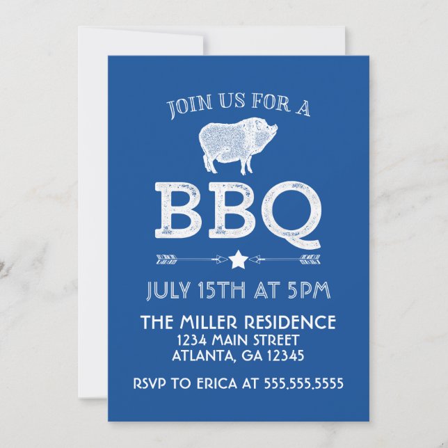 Invitation Fête Vintage BBQ Rustique Bleu (Devant)