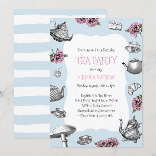 Invitation Fête Vintage du thé Anniversaire Bébé Grandes Bleu