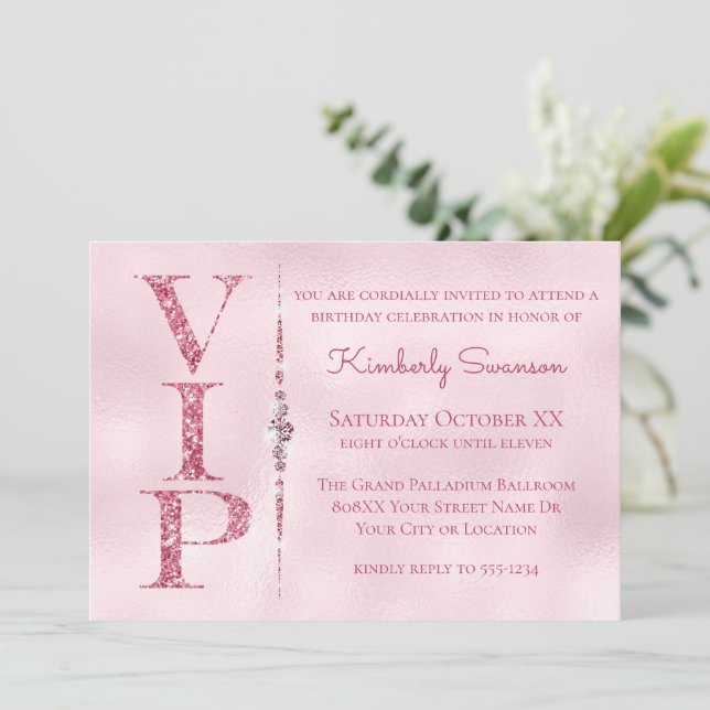 Invitation Fête VIP Glamour Diamants Rose Paillettes (Debout devant)