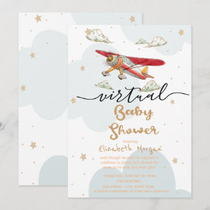 Invitation Fête Virtuelle Bébé Avion Nuages Étoiles