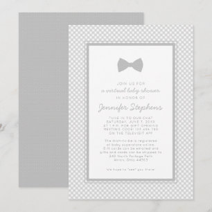 Invitation Fête virtuelle de bébé avec noeud papillon gris à 