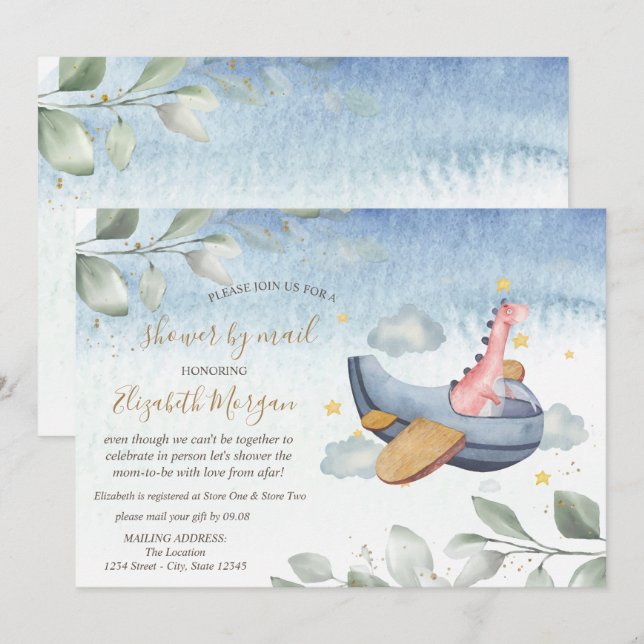 Invitation Fête virtuelle de bébé avion Dino par la poste  (Devant / Derrière)