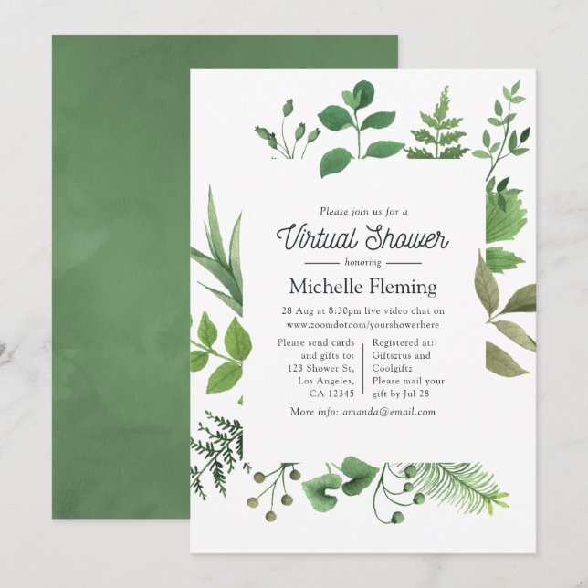 Invitation Fête virtuelle de naissance avec verdure de forêt  (Devant / Derrière)