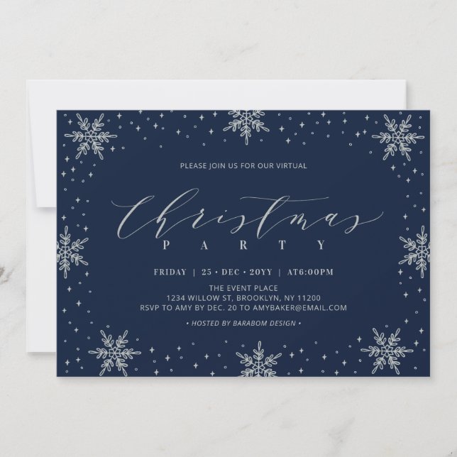 Invitation Fête Virtuelle de Noël d'Hiver Argent et Navy (Devant)