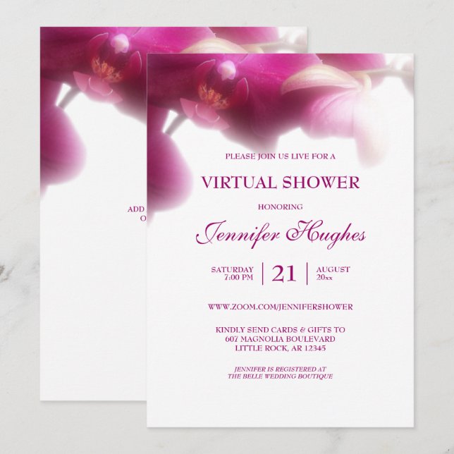 Invitation Fête Virtuelle d'Orchidée Rose Florale (Devant / Derrière)