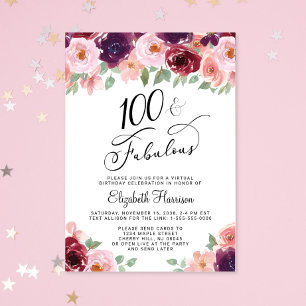 Invitation Fête virtuelle élégante d'anniversaire des 100 ans