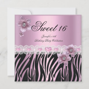 Invitation Fête Zèbre Rose Noir Sweet Sixteen 16 ans