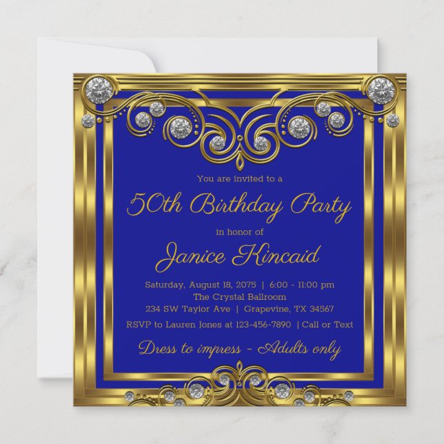 Invitation Fêtes d'anniversaire de la Royal Blue Gold Diamond (Devant)