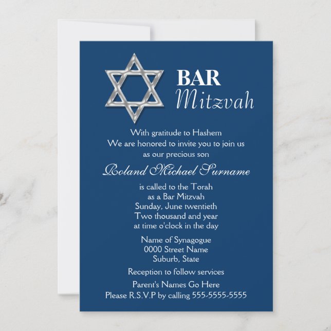 Invitation Fêtes de la mitzvah du bar en argent bleu (Devant)