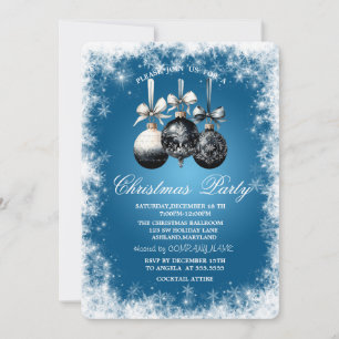 Invitation Fêtes de Noël à flocons,Boules, Bleu