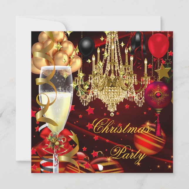 Invitation Fêtes de Noël Champagne Party Red Gold Balls (Devant)