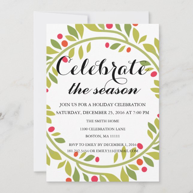 Invitation Fêtes de Noël Floral Wreath Family Party (Devant)