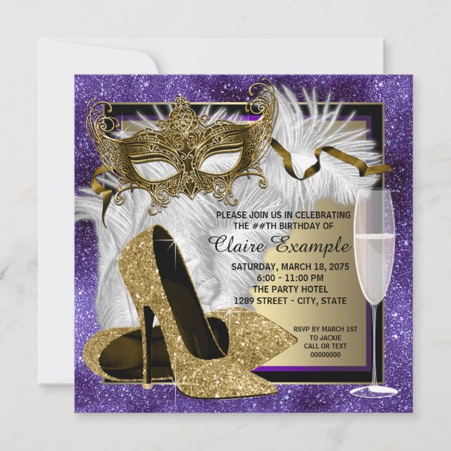 Invitation Fêtes mascarade violet or (Devant)