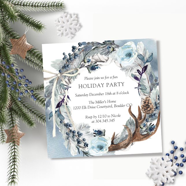 Invitation Fêtes ou fête de Noël, Couronne bleu rustique (Créateur téléchargé)