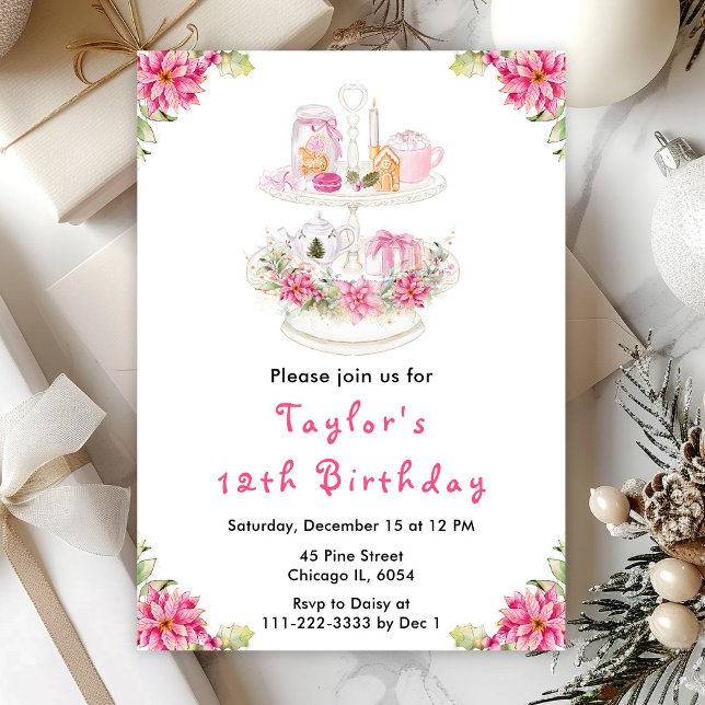 Invitation Fêtes Thé de Noël Anniversaire Fête Rose (Créateur téléchargé)