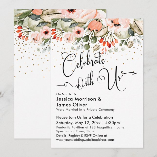 Invitation Fêtez avec nous Blush Floral Faux Gold Confetti (Devant / Derrière)