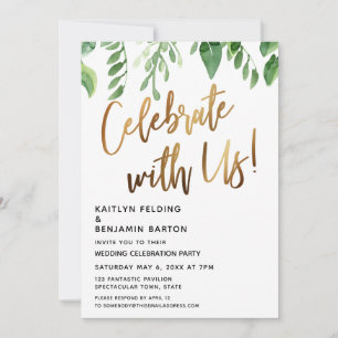 Invitation Fêtez Avec Nous ! Calligraphie d'or avec verdure