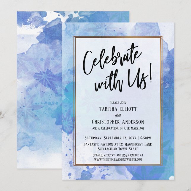 Invitation Fêtez avec nous Gold Border Abstrait Blue Splash (Devant / Derrière)
