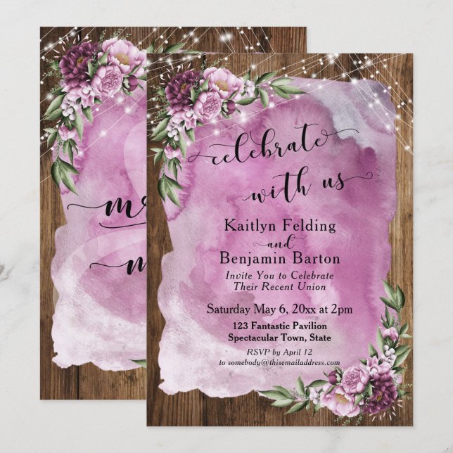 Invitation Fêtez avec nous l'aquarelle rustique Lumières flor (Devant / Derrière)