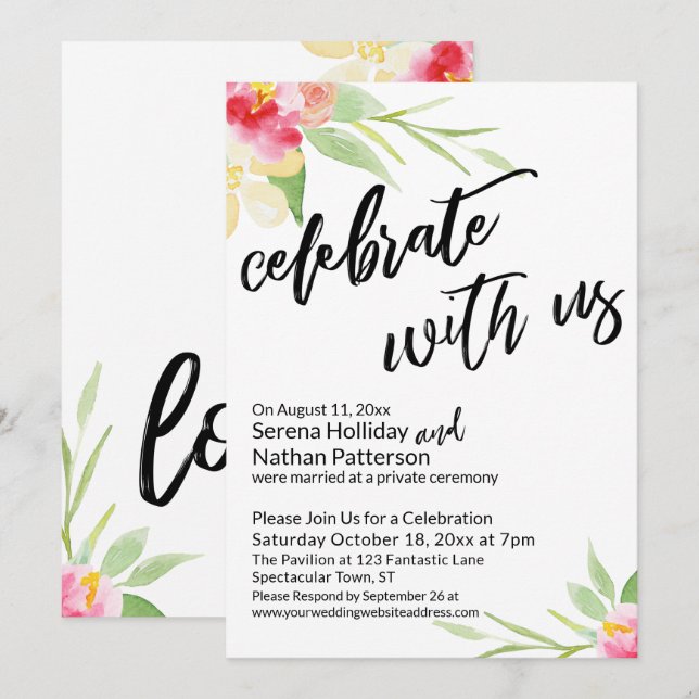 Invitation Fêtez avec nous l'écriture manuscrite et les fleur (Devant / Derrière)