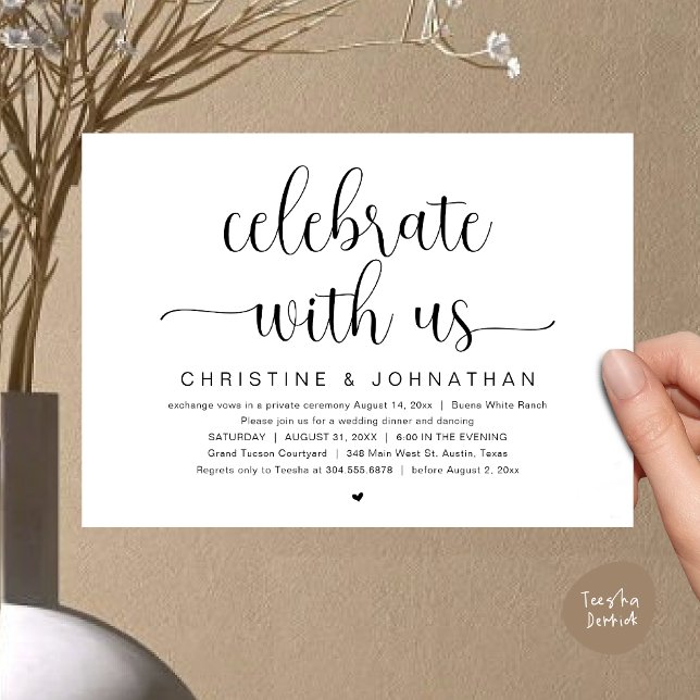 Invitation Fêtez avec nous, Mariage Elopement Dinner Party (Celebrate with us, Wedding Elopement Dinner Party Dancing Invites Card, pdf, classy black white)