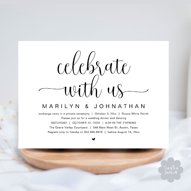 Invitation Fêtez avec nous, Mariage Elopement Dinner Party (Celebrate with us, Wedding Elopement Dinner Party Dancing Invitation Card PDF White Black)