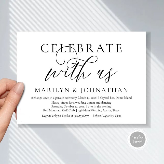 Invitation Fêtez avec nous, Mariage Elopement Dinner Party (Celebrate with us, Modern Wedding Elopement Dinner Invitation Card, PDF, Modern Romantic Black White)