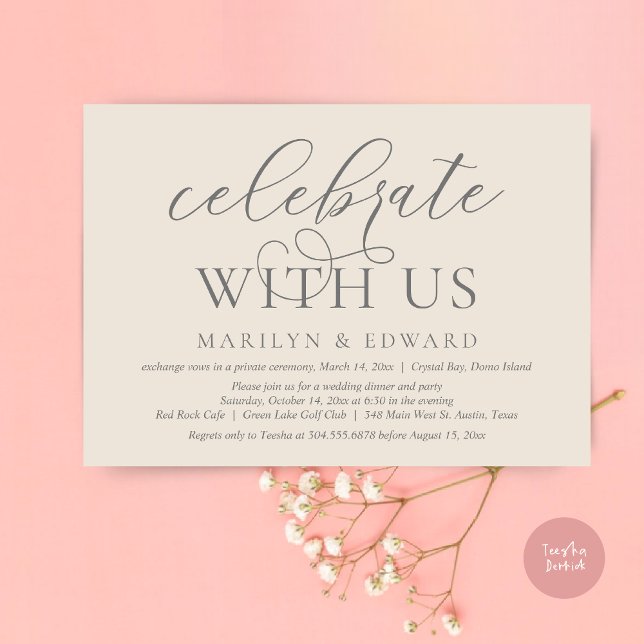 Invitation Fêtez avec nous, Mariage Elopement Party (Celebrate With Us, Modern Wedding Dinner Invitation Card, PDF, in Dark Grey Cream)