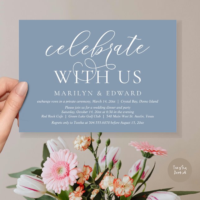 Invitation Fêtez avec nous, Mariage Elopement Party (Celebrate With Us, Modern Wedding Dinner Invitation Card, PDF, in Dusty Blue)