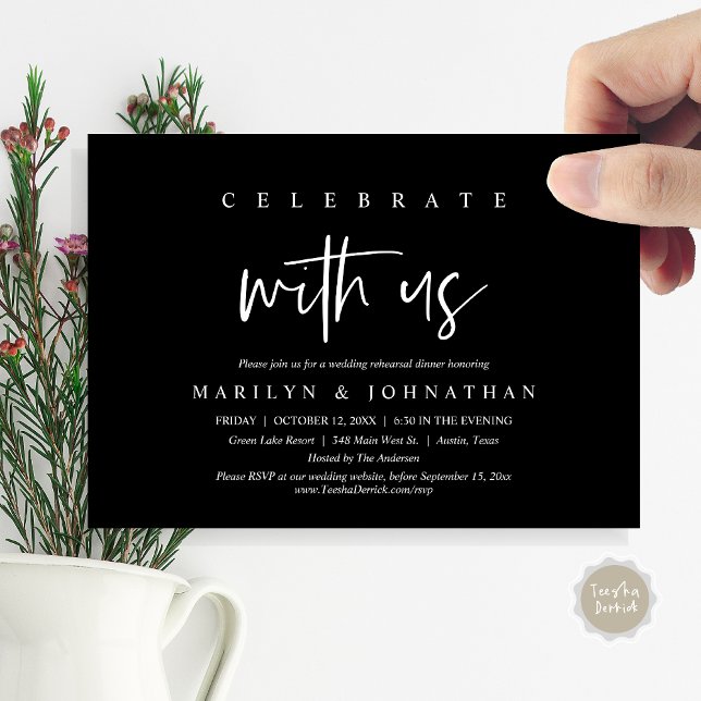 Invitation Fêtez Avec Nous, Mariage Rehearsal Party (Celebrate with us, Wedding Rehearsal Dinner Party Invitation Card, PDF, Modern Casual, Classy Black)