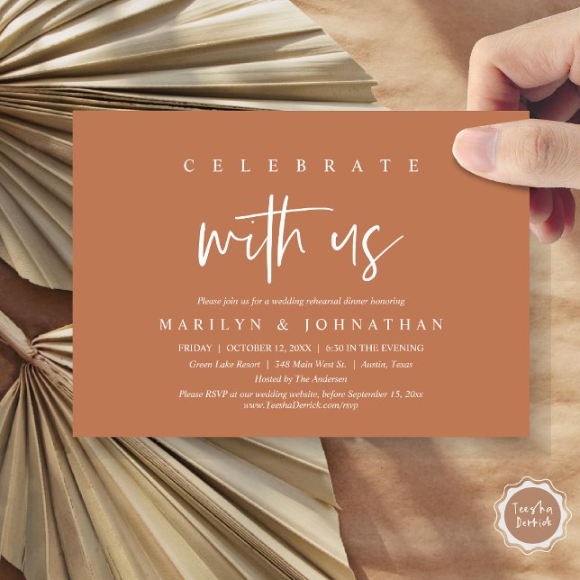 Invitation Fêtez Avec Nous, Mariage Rehearsal Party (Celebrate with us, Wedding Rehearsal Dinner Party Invitation Card, PDF, Modern Casual, Copper Rust)