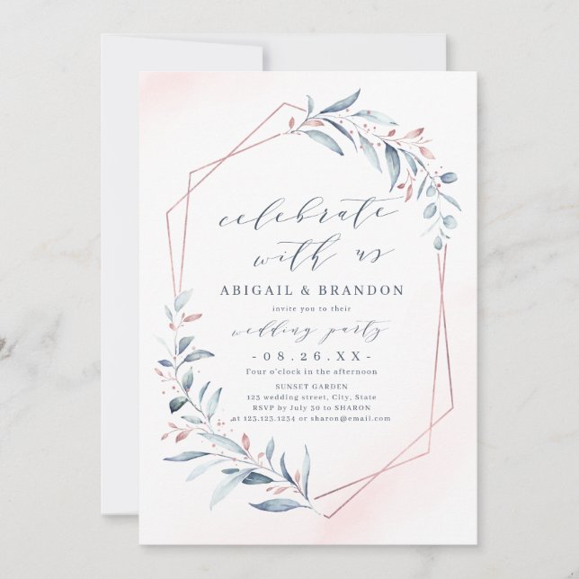 Invitation Fêtez Avec Nous ! Rose Gold Dusty Blue Greenery (Devant)