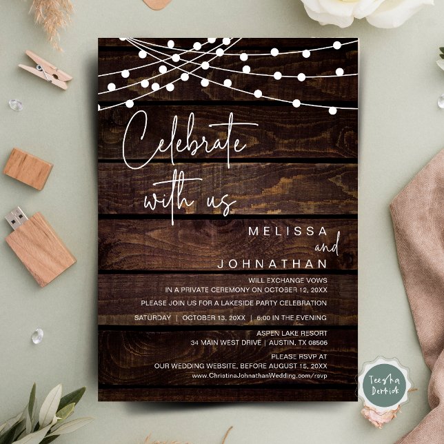 Invitation Fêtez Avec Nous, Rustique Mariage Elopement Party (Celebrate with us, Wedding Elopement Dinner Party Invitation Cards, String Lights Rustic Wood Design)