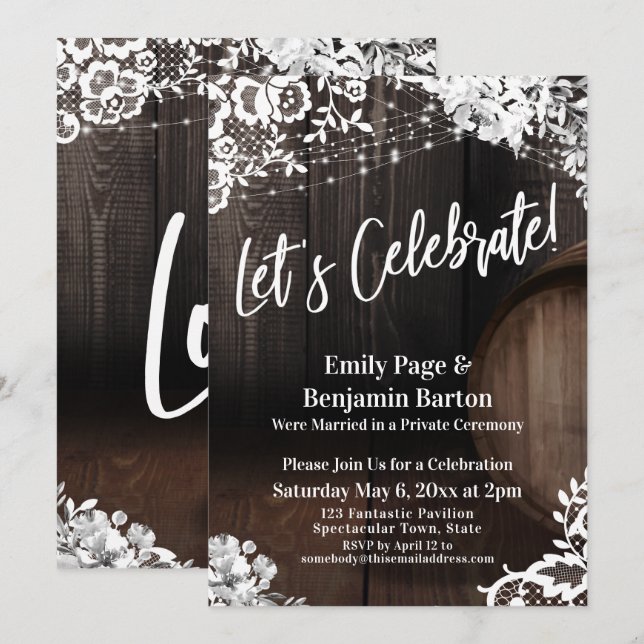 Invitation Fêtons ! Fleurs de dentelle en tonneau de bois (Devant / Derrière)