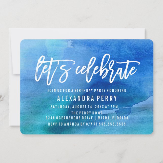 Invitation Fêtons la fête d'anniversaire | Aquarelle bleue (Devant)