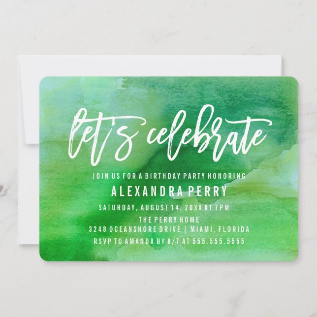 Invitation Fêtons la fête d'anniversaire | Aquarelle verte (Devant)