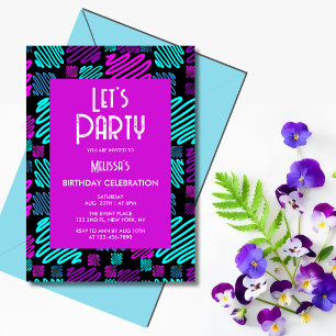 Invitation Fêtons l'Anniversaire de Neon Purple Blue Geometry
