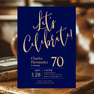 Invitation Fêtons le bleu marine Or 70e fête d'anniversaire