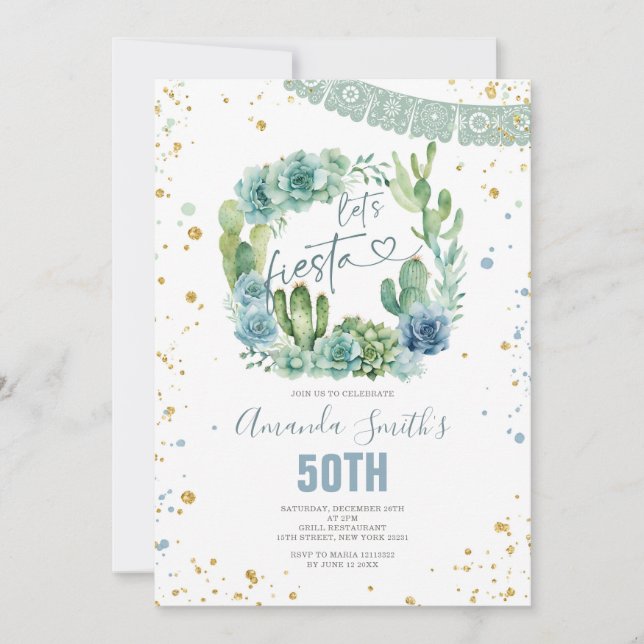 Invitation Fêtons le Cactus Bleu Fleur n'importe quel âge Ann (Devant)