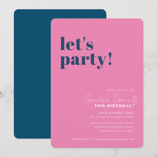 Invitation FÊTONS modern minimal anniversaire marine rose (Devant / Derrière)