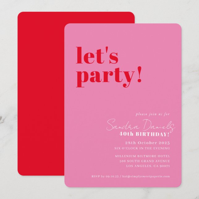 Invitation FÊTONS modern minimal anniversaire rouge rose (Devant / Derrière)
