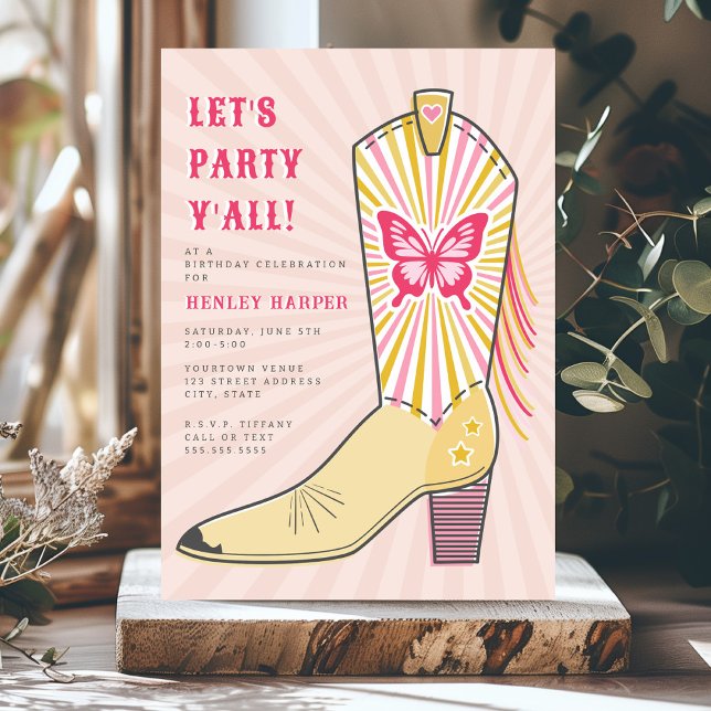 Invitation Fêtons Yall Butterfly Cowboy Boot Anniversaire (Créateur téléchargé)
