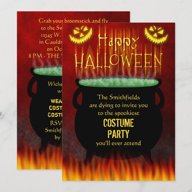 Invitation Feu Cauldron de la fête du costume d'Halloween (Devant / Derrière)