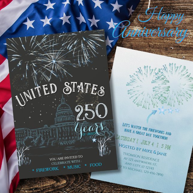Invitation Feu d'Artifice Bleu Classique US 250 An (Classic Blue US 250 Years Fireworks Invitation)
