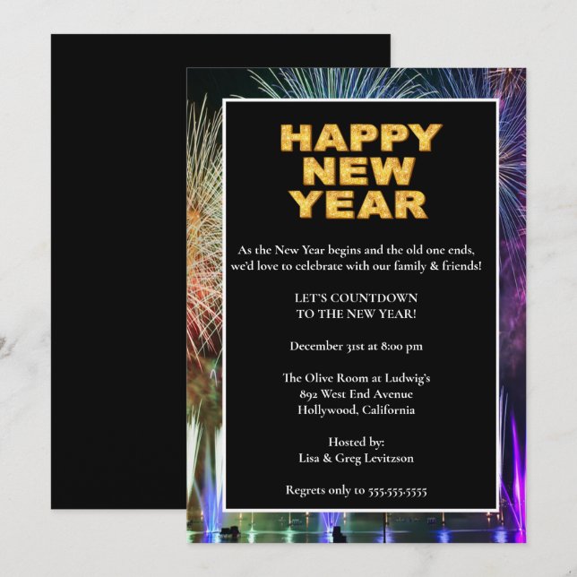 Invitation Feu d'artifice coloré Nouvel An (Devant / Derrière)
