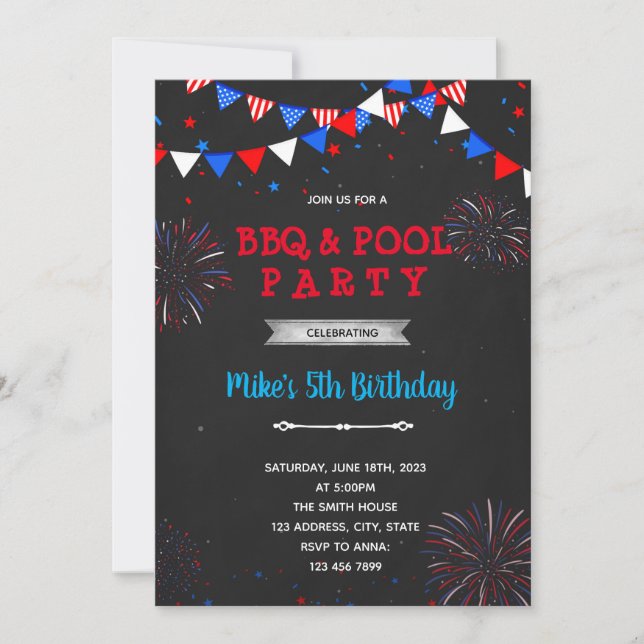 Invitation feu d'artifice du 4 juillet un anniversairel (Devant)