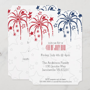 Invitation Feu d'artifice et étoiles blanc et bleu rouge 4 ju