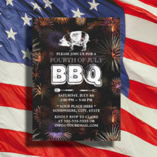 Invitation Feu d'artifice Juillet 4 Roast Pig BBQ Party