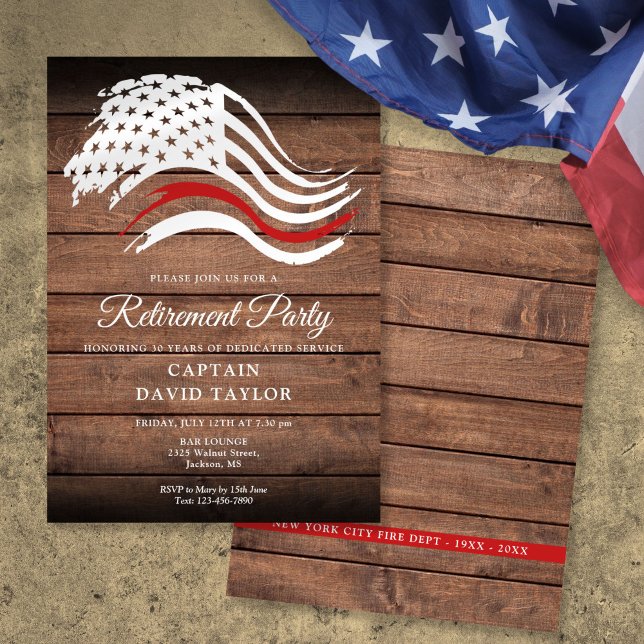Invitation Feu de retraite pompier mince ligne rouge rustique (Firefighter Retirement Party Thin Red Line Rustic Invitation)